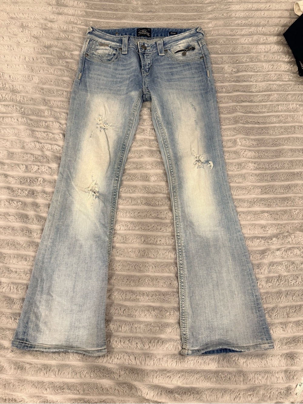 Express Light Blue Distressed Flare Jeans